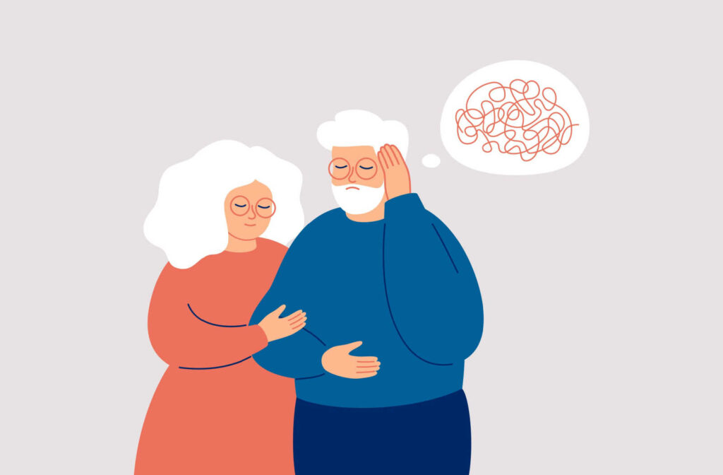 A cartoon image showing an elderly woman embracing her husband who has jumbled thoughts.