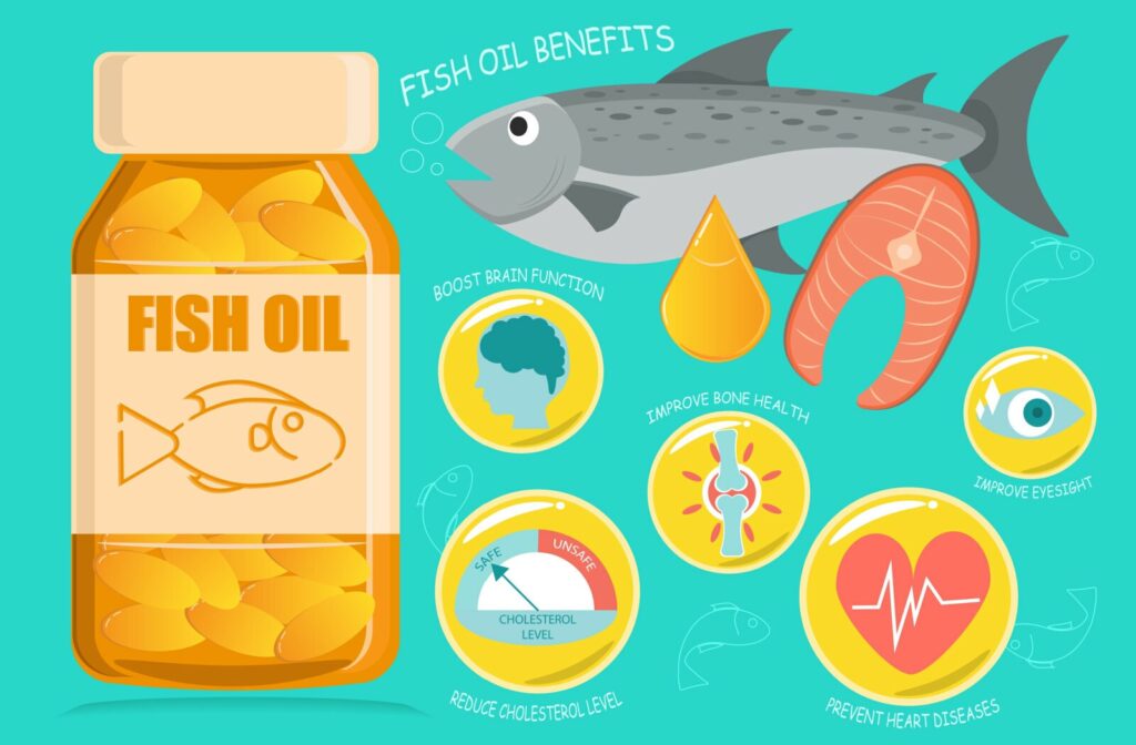 Fish oil capsules in a glass bottle from salmon, vitamin D and omega 3 supplemental, benefits of pills improving mental, heart, eyes, bones health, lower cholesterol level